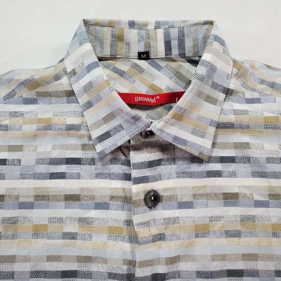 Signum Shirt Mens Medium Earth Tones Short Sleeve Casual Button Up Big Buttons - Picture 3 of 16